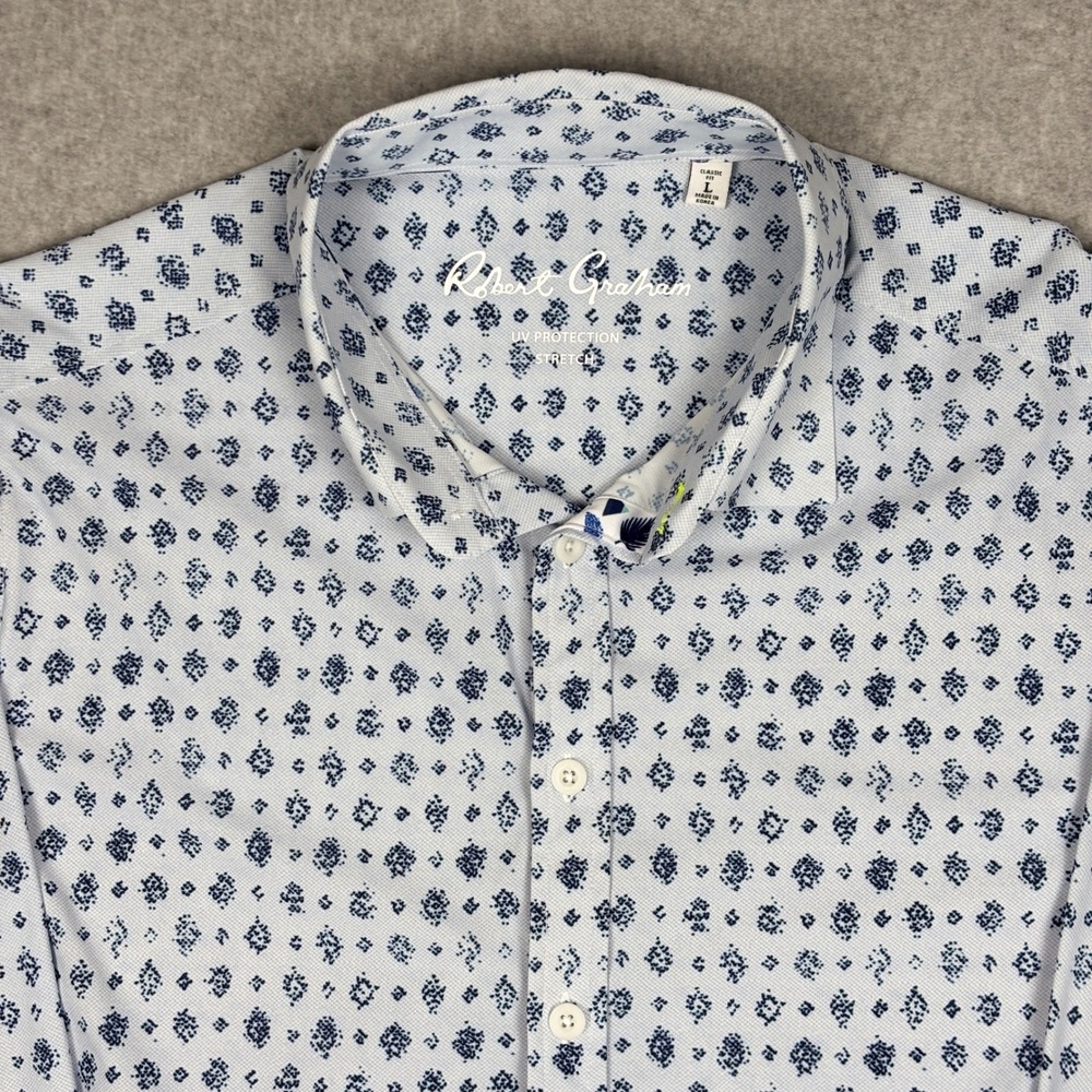 Robert Graham Shirt Mens L Classic Fit Blue White Geometric Medallion Stretch - Picture 2 of 10